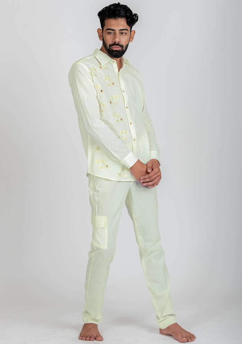 White Multicolour Hand Cut Work Shot On Beach Shirt For Men - Indya