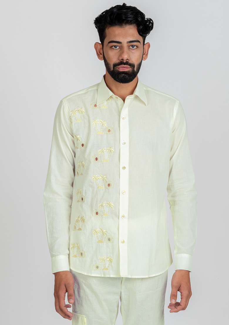 White Multicolour Hand Cut Work Shot On Beach Shirt For Men - Indya