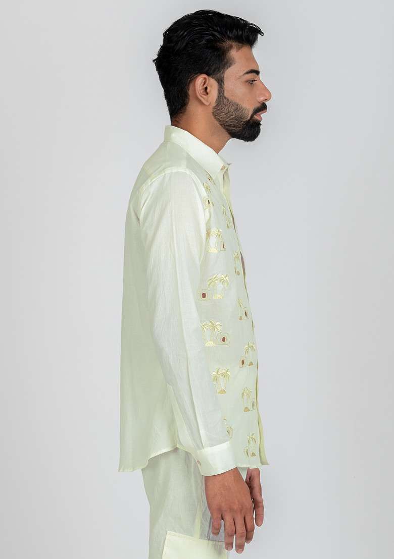 White Multicolour Hand Cut Work Shot On Beach Shirt For Men - Indya