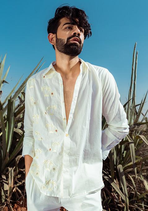 White Multicolour Hand Cut Work Shot On Beach Shirt For Men