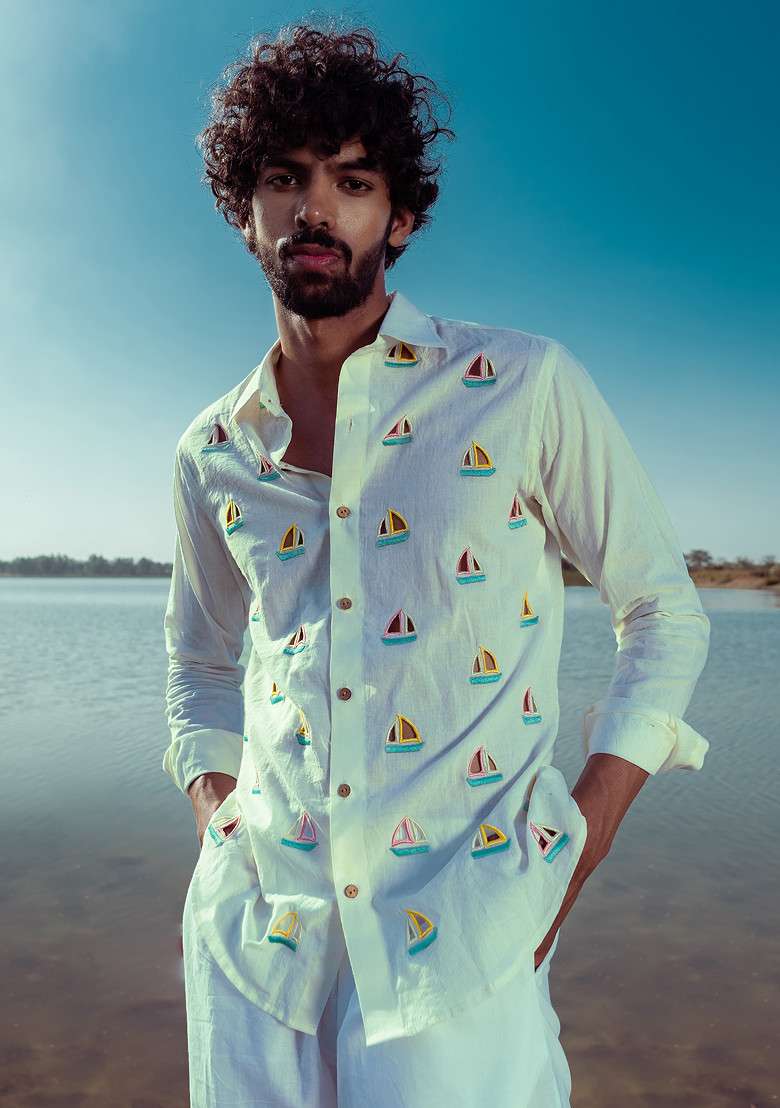 Multicolour Hand Cut Work Vacay Sail Shirt For Men - Indya