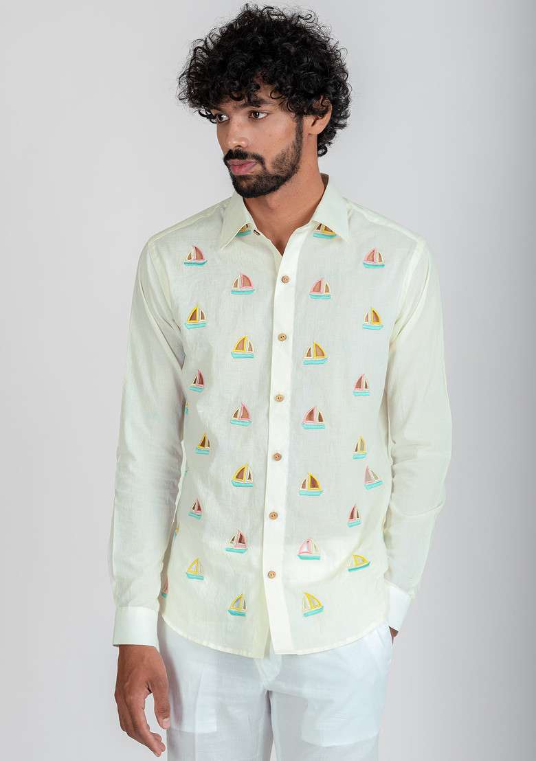 Multicolour Hand Cut Work Vacay Sail Shirt For Men - Indya