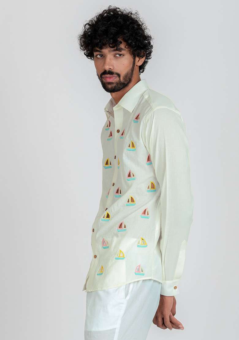 Multicolour Hand Cut Work Vacay Sail Shirt For Men - Indya