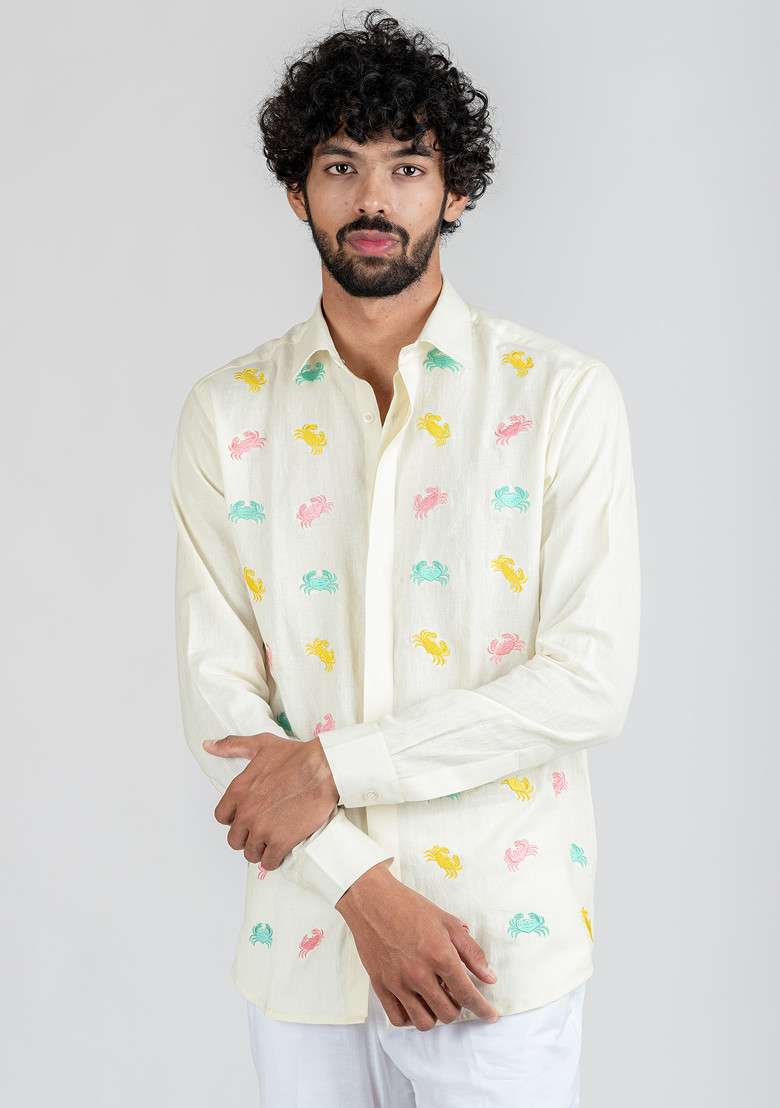 Multicolour Hand Cut Work Crab Color Bomb Shirt For Men - Indya