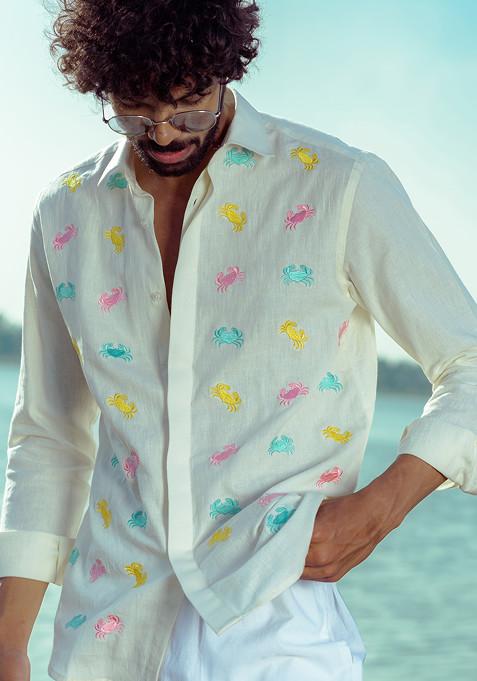 Multicolour Hand Cut Work Crab Color Bomb Shirt For Men