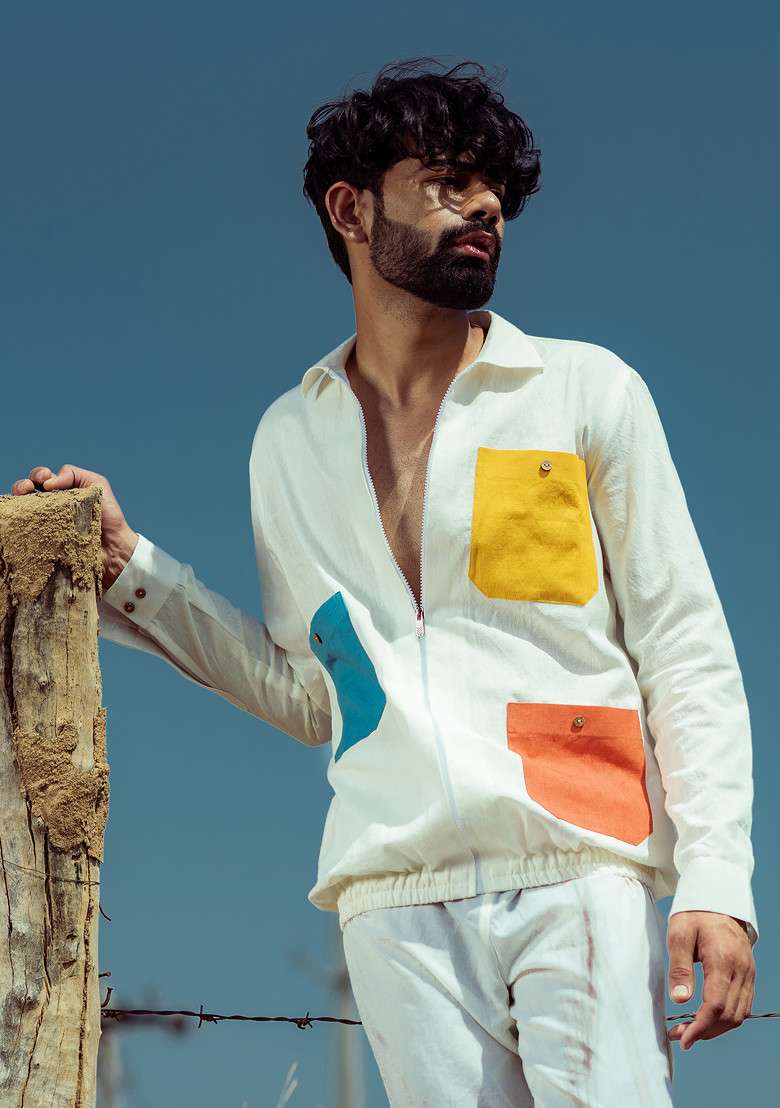 White Multicolour Printed Pop Vibe Shacket For Men - Indya