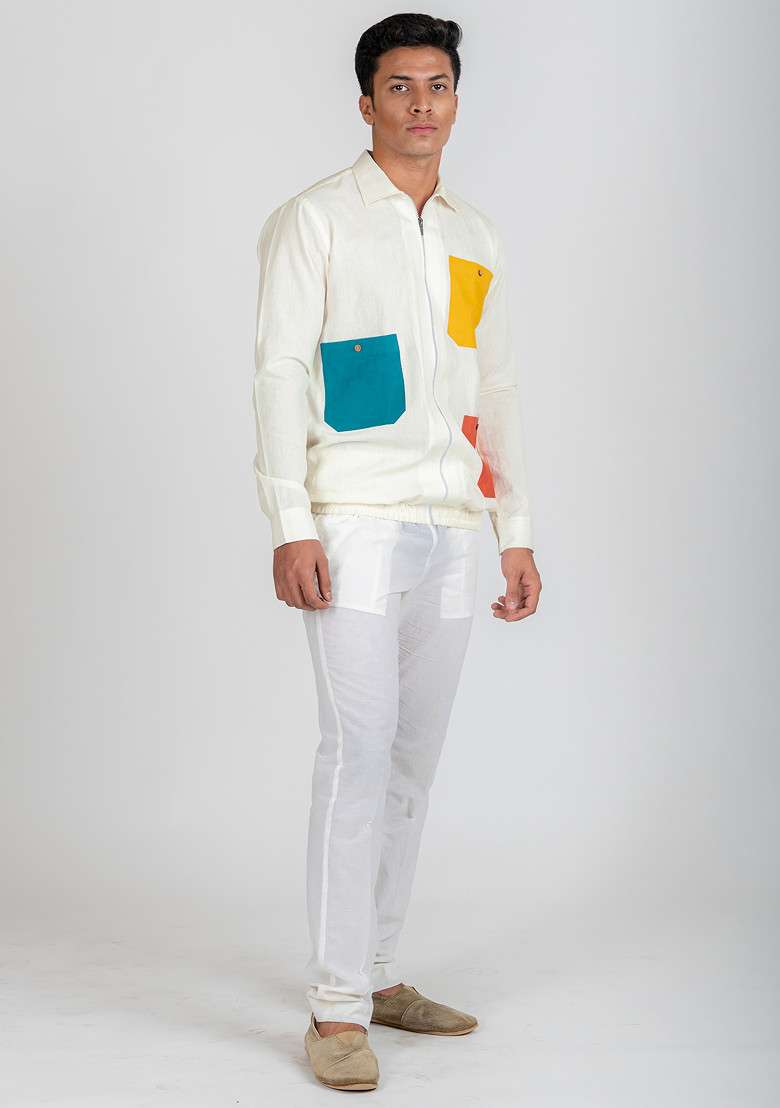 White Multicolour Printed Pop Vibe Shacket For Men - Indya