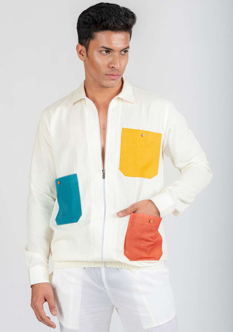 White Multicolour Printed Pop Vibe Shacket For Men - Indya