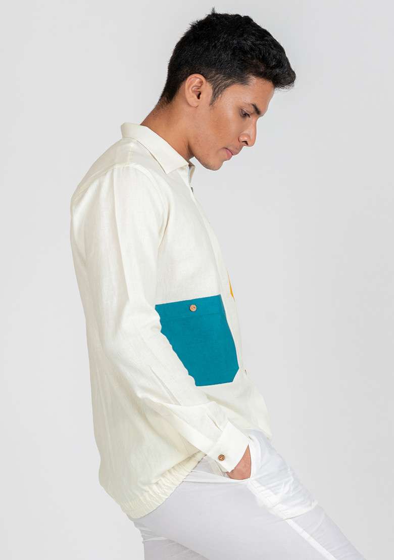 White Multicolour Printed Pop Vibe Shacket For Men - Indya