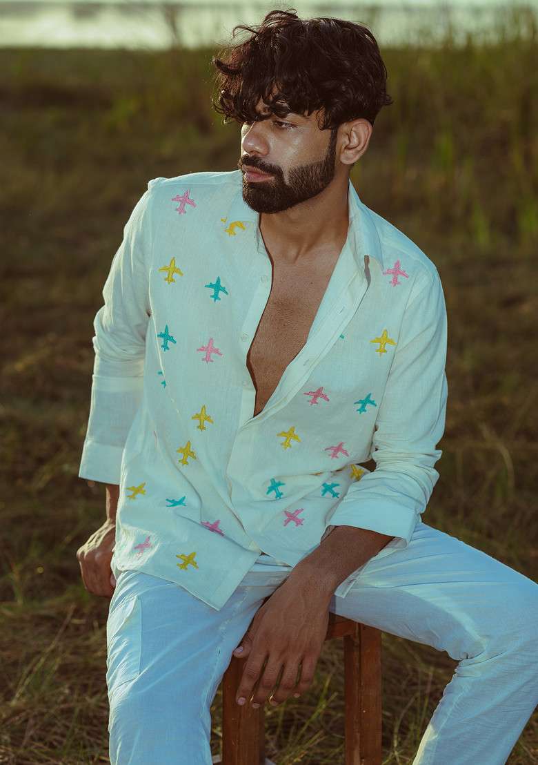 Multicolour Hand Embroidered Travel Tour Flight Shirt For Men - Indya