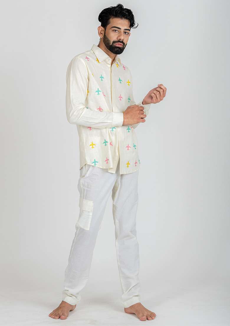 Multicolour Hand Embroidered Travel Tour Flight Shirt For Men - Indya