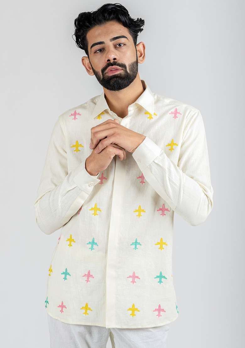 Multicolour Hand Embroidered Travel Tour Flight Shirt For Men - Indya
