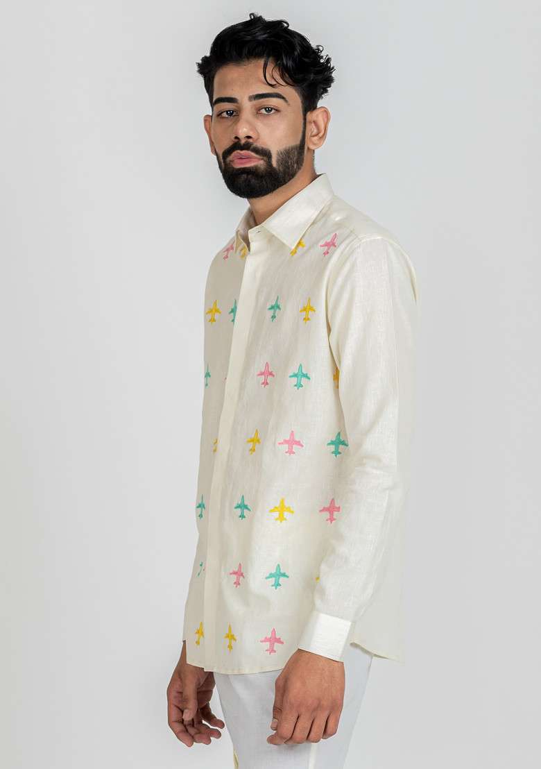Multicolour Hand Embroidered Travel Tour Flight Shirt For Men - Indya