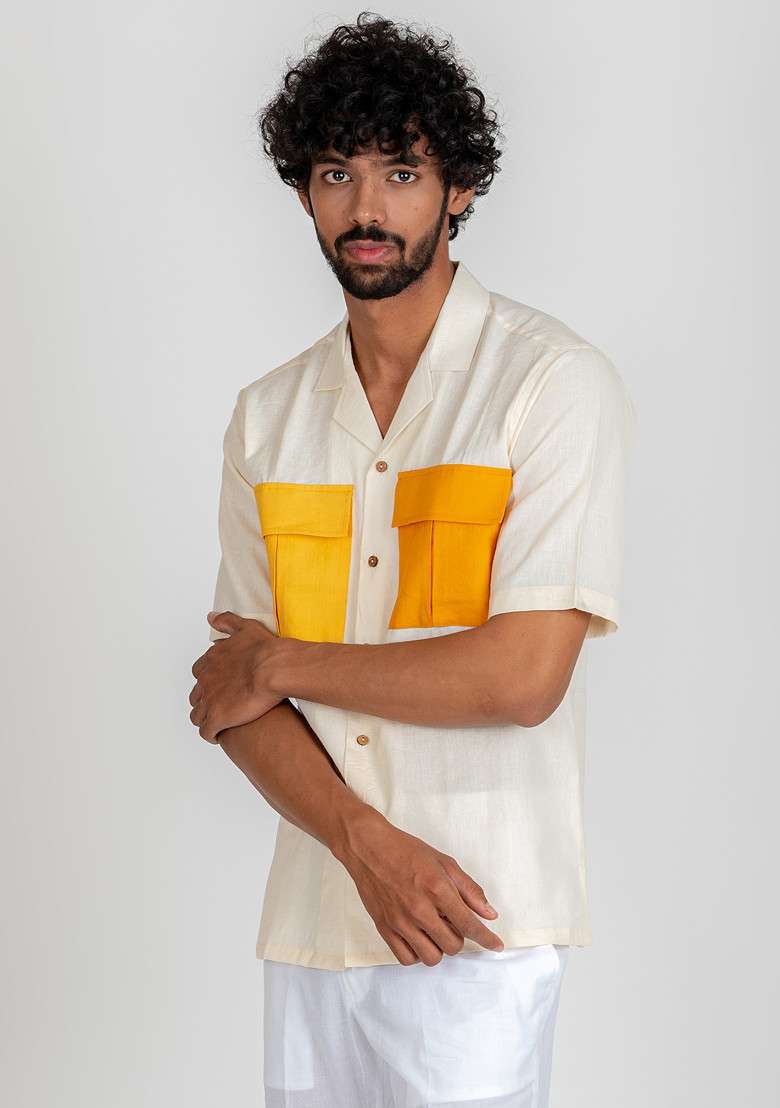 Yellow Colour Blocked Fellow Shirt For Men - Indya