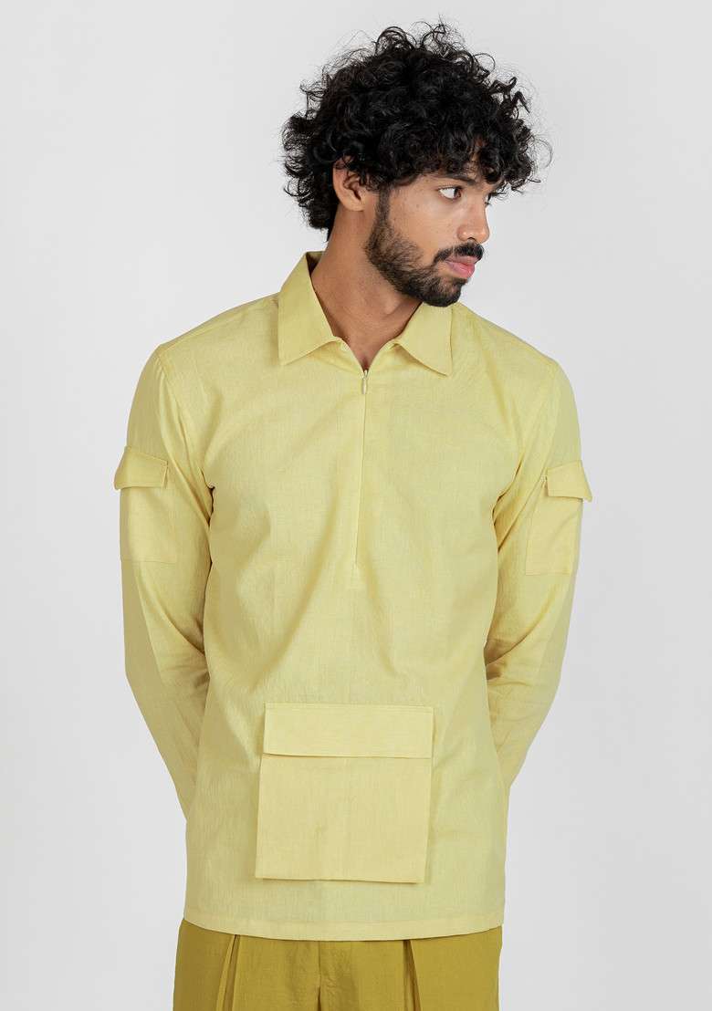 Green Solid Sandstone Zip Up Shirt For Men - Indya