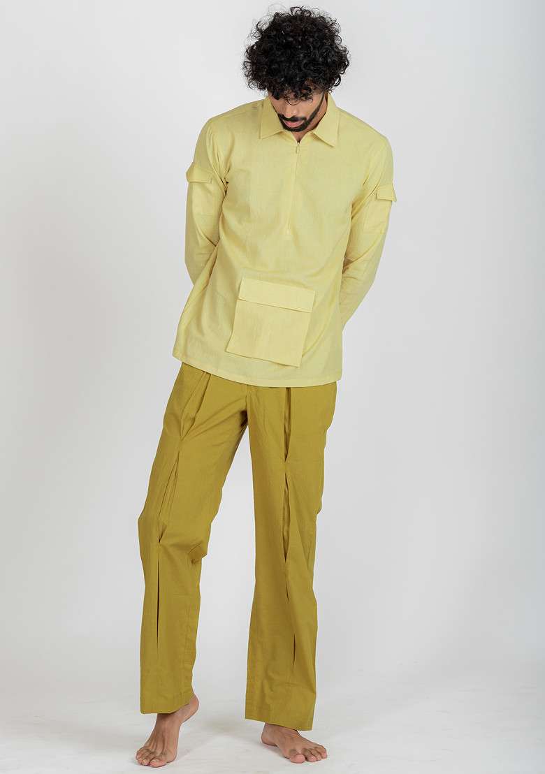 Green Solid Sandstone Zip Up Shirt For Men - Indya
