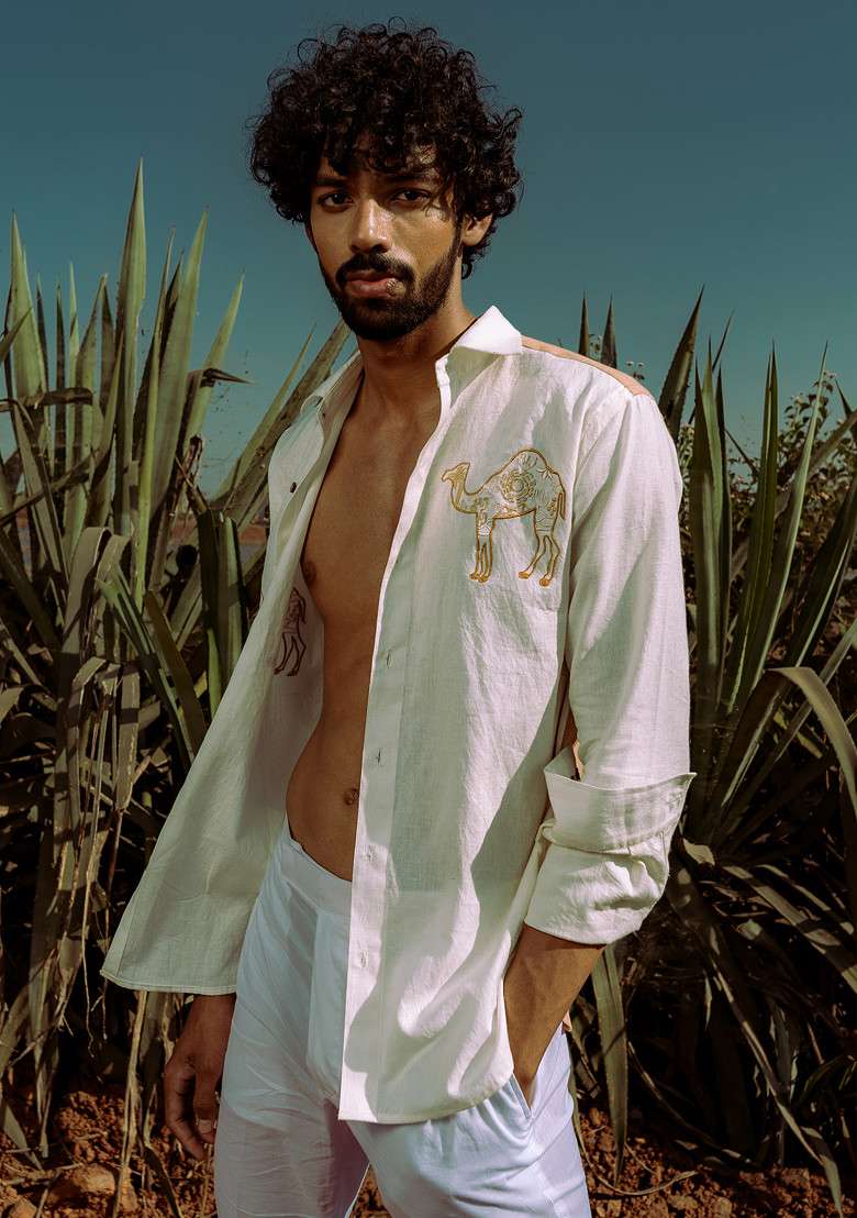 White Multicolour Printed Camel Mammal Shirt For Men - Indya
