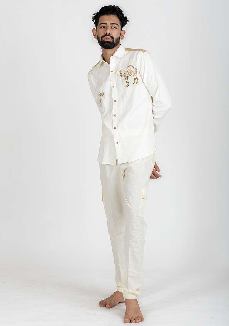 White Multicolour Printed Camel Mammal Shirt For Men - Indya