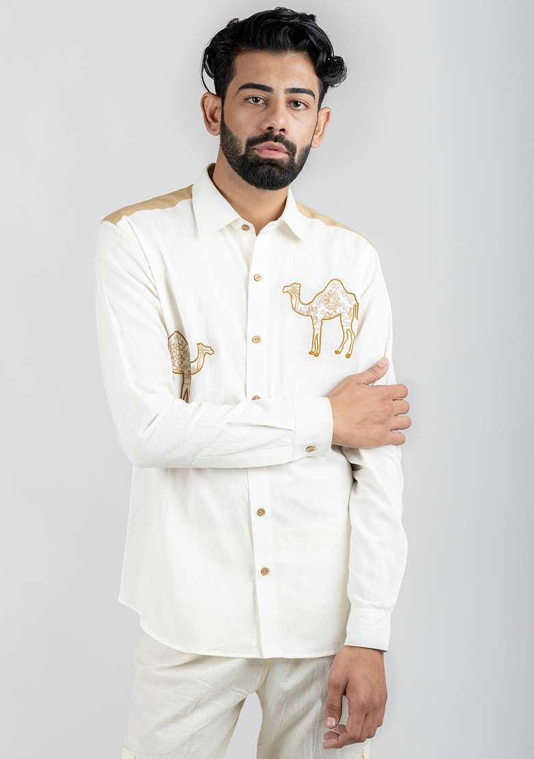 White Multicolour Printed Camel Mammal Shirt For Men - Indya