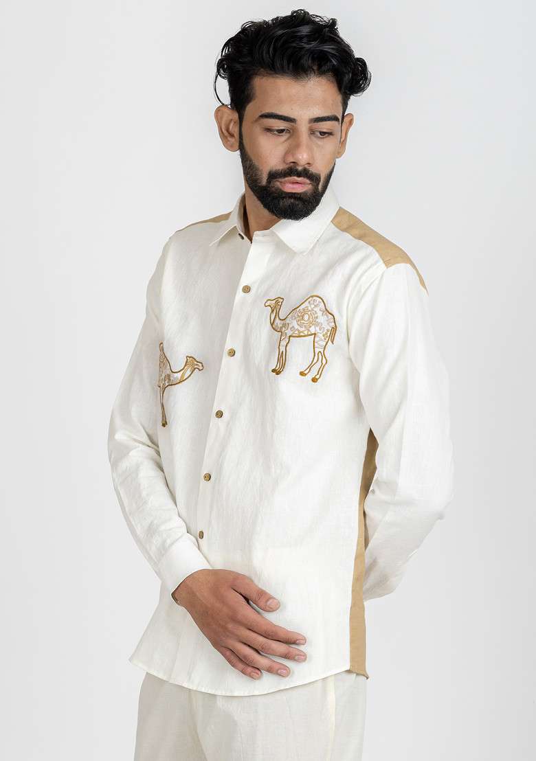 White Multicolour Printed Camel Mammal Shirt For Men - Indya