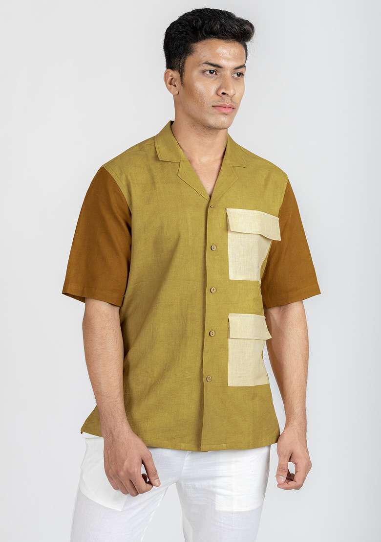 Green Colour Blocked Tawny Tortilla Shirt For Men - Indya
