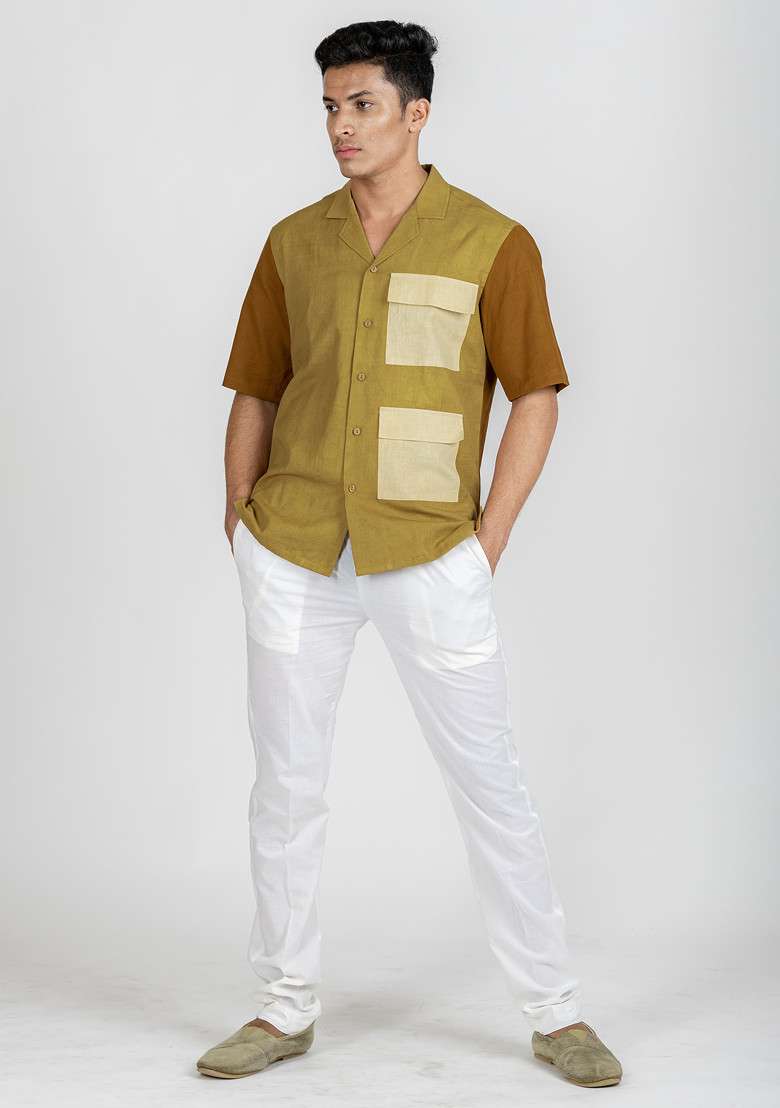 Green Colour Blocked Tawny Tortilla Shirt For Men - Indya