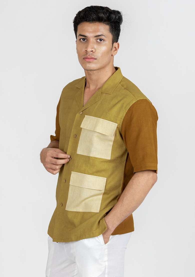 Green Colour Blocked Tawny Tortilla Shirt For Men - Indya