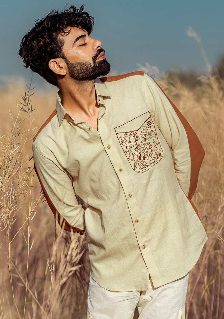 Brown Hand Embroidered Vacay Vibe Shirt For Men - Indya