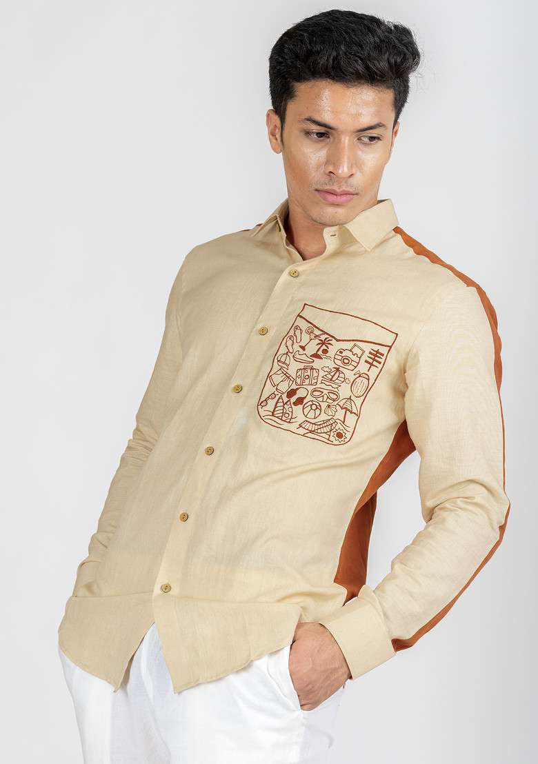 Brown Hand Embroidered Vacay Vibe Shirt For Men - Indya