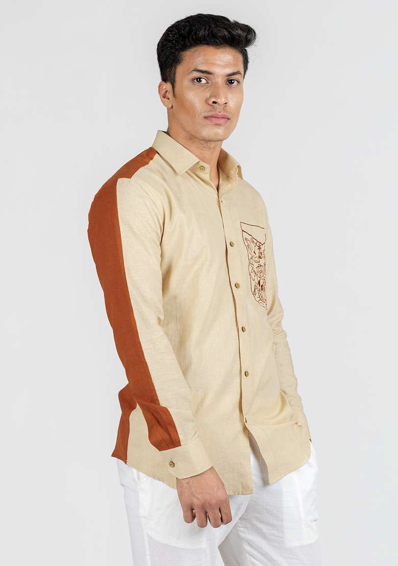Brown Hand Embroidered Vacay Vibe Shirt For Men - Indya