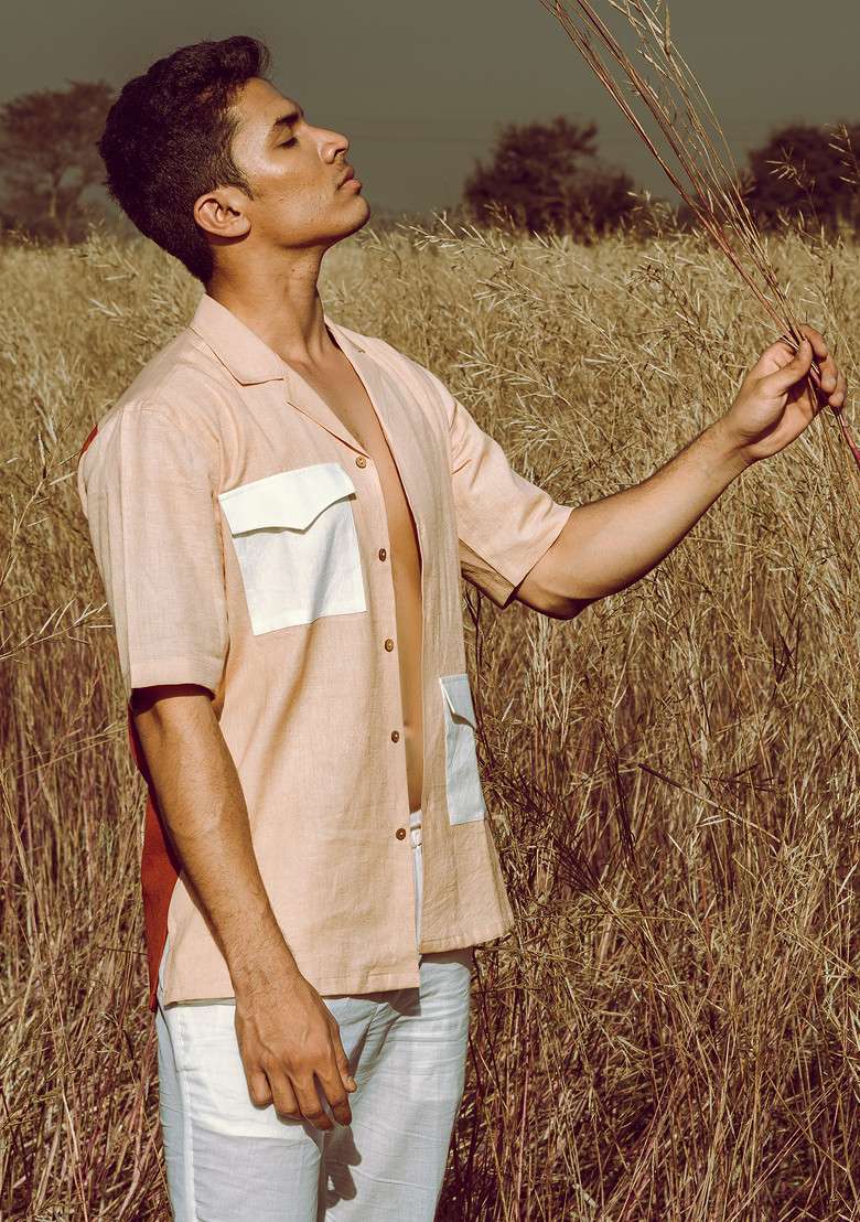 Orange Colour Blocked Cinnamon Hue Shirt For Men - Indya