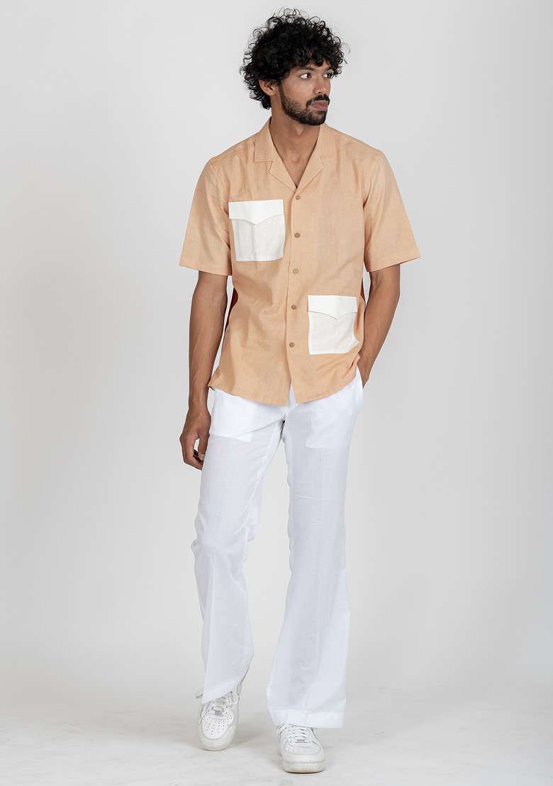 Orange Colour Blocked Cinnamon Hue Shirt For Men - Indya