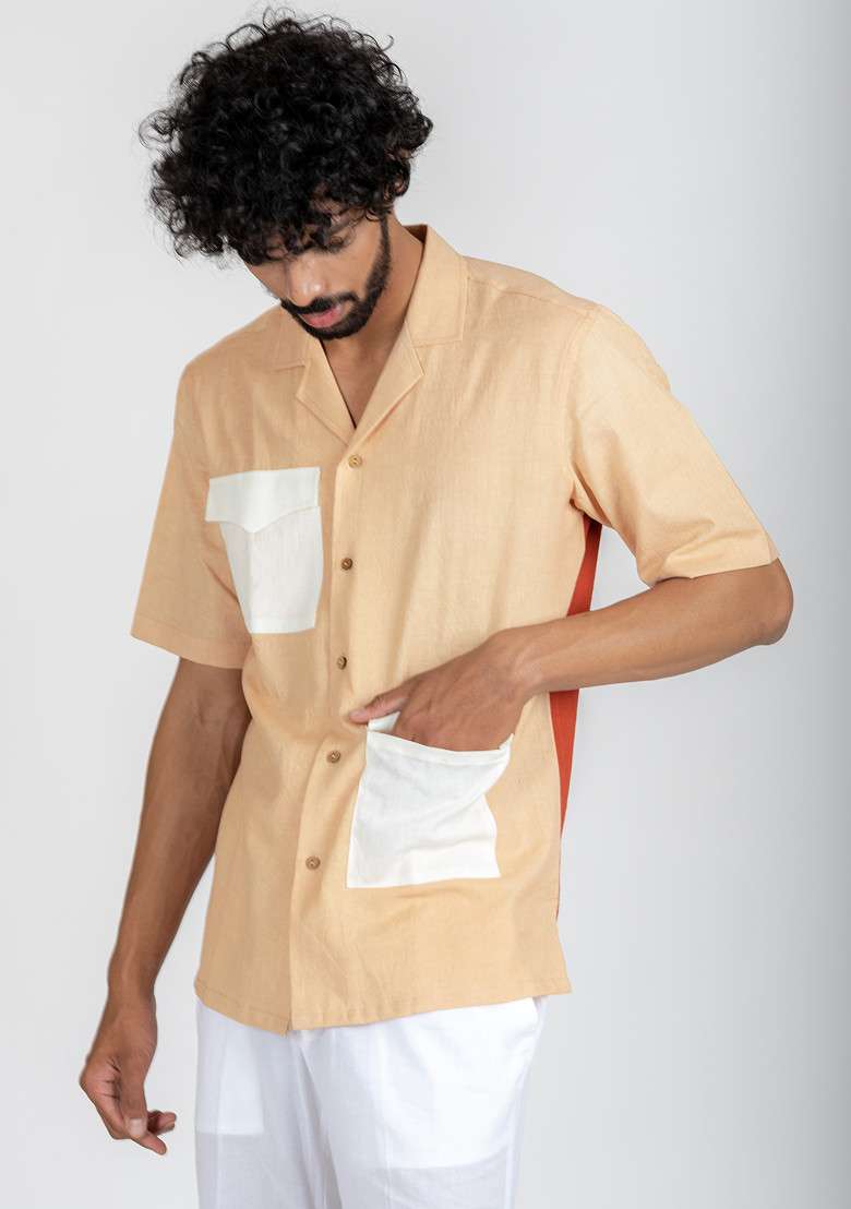 Orange Colour Blocked Cinnamon Hue Shirt For Men - Indya