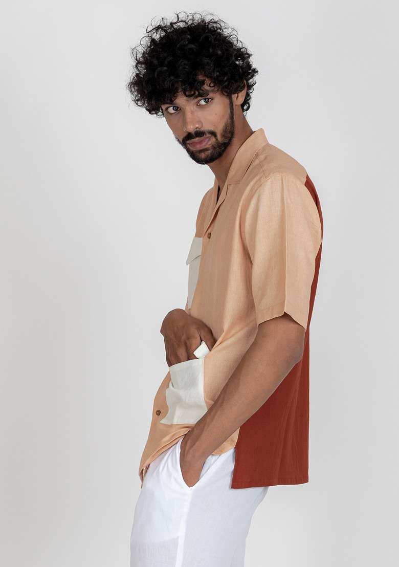 Orange Colour Blocked Cinnamon Hue Shirt For Men - Indya