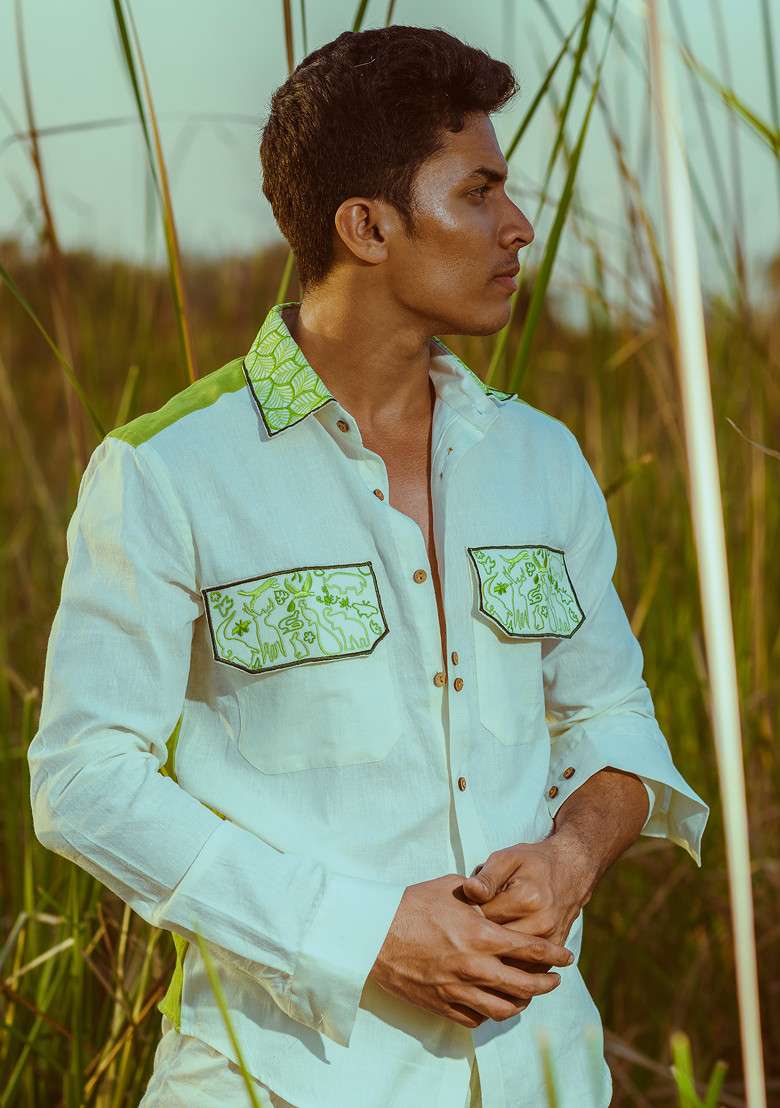 White Multicolour Hand Embroidered Wild Style Shirt For Men - Indya