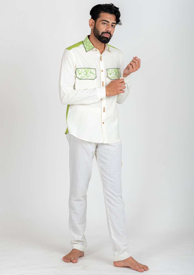 White Multicolour Hand Embroidered Wild Style Shirt For Men - Indya