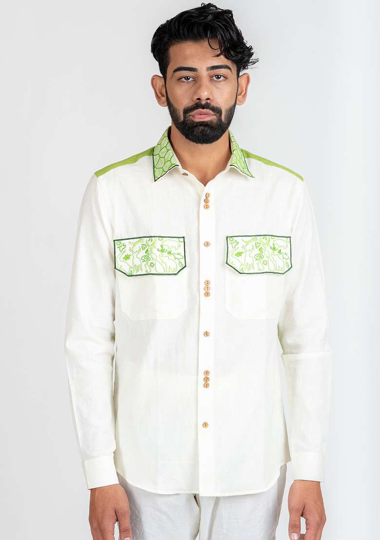 White Multicolour Hand Embroidered Wild Style Shirt For Men - Indya
