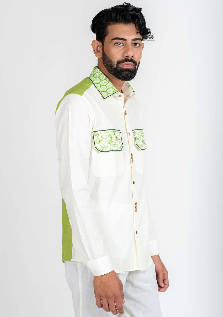 White Multicolour Hand Embroidered Wild Style Shirt For Men - Indya