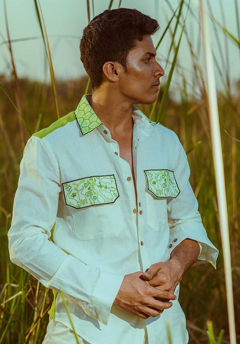 White Multicolour Hand Embroidered Wild Style Shirt For Men