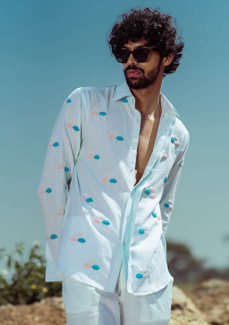 Blue Hand Embroidered Sky High Shirt For Men - Indya