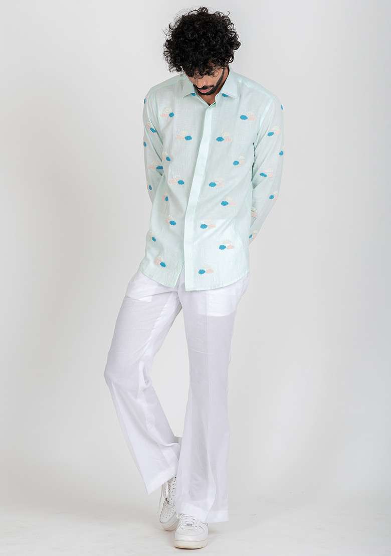 Blue Hand Embroidered Sky High Shirt For Men - Indya