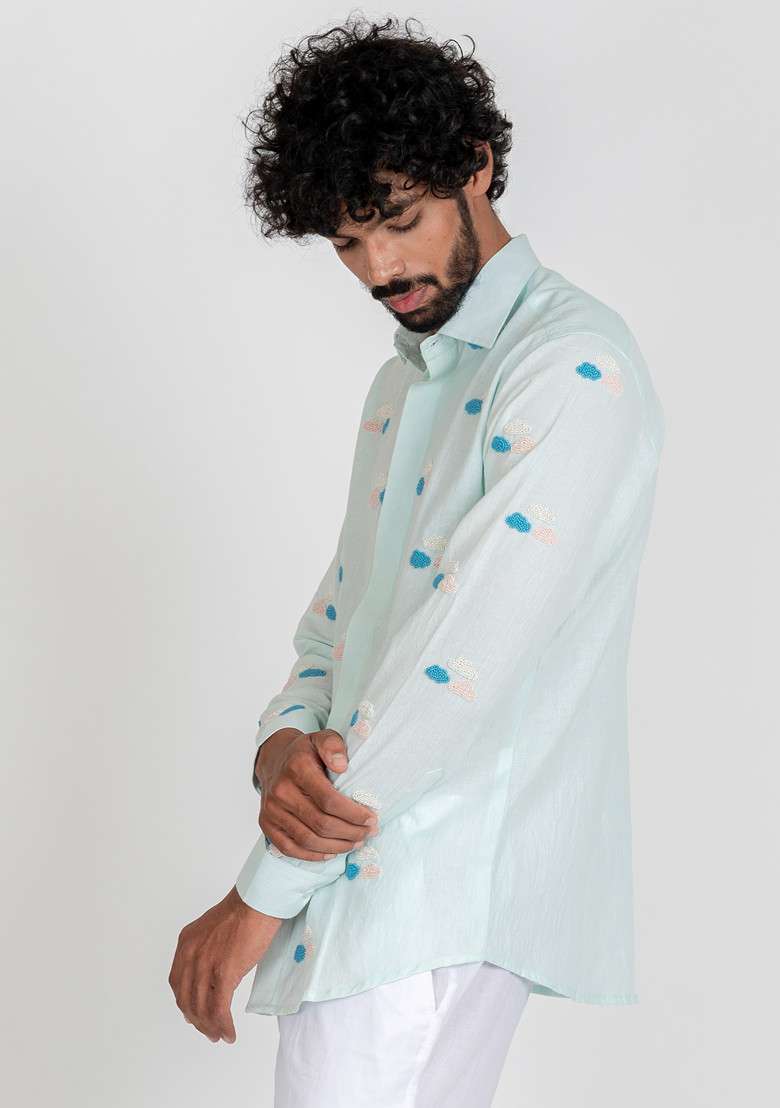 Blue Hand Embroidered Sky High Shirt For Men - Indya