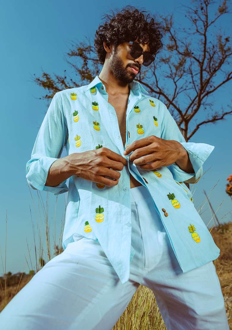 Blue Hand Embroidered Pine Shine Shirt For Men - Indya