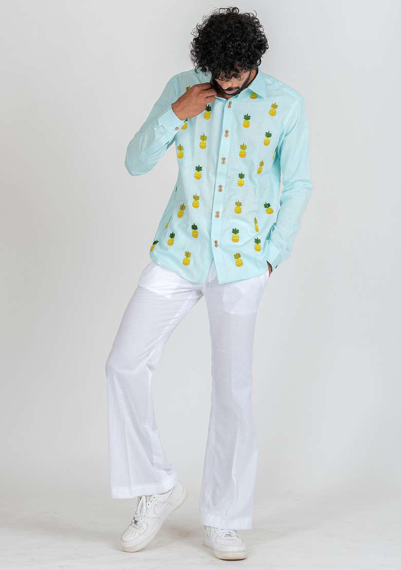 Blue Hand Embroidered Pine Shine Shirt For Men - Indya