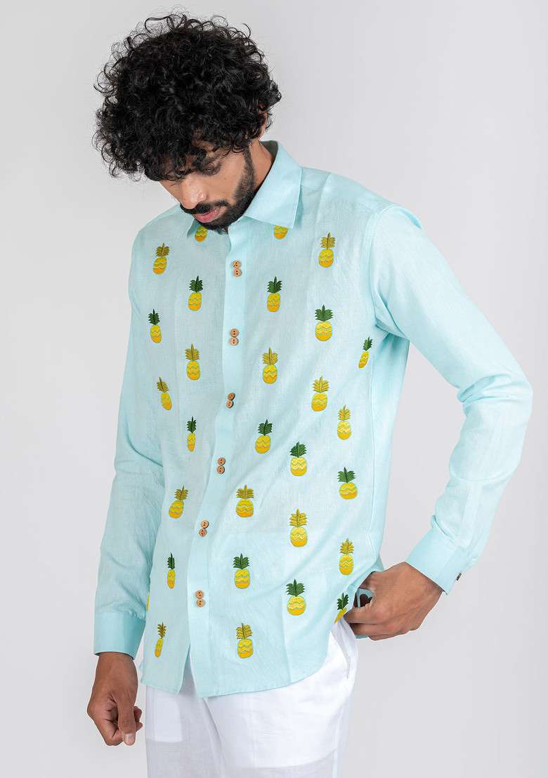 Blue Hand Embroidered Pine Shine Shirt For Men - Indya