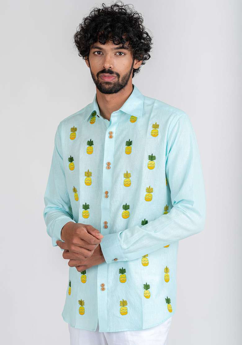 Blue Hand Embroidered Pine Shine Shirt For Men - Indya