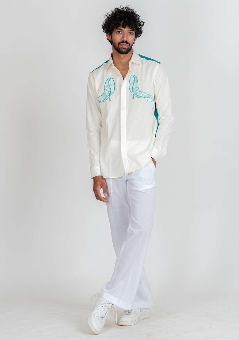 White Multicolour Hand Embroidered Whale Sail Shirt For Men - Indya