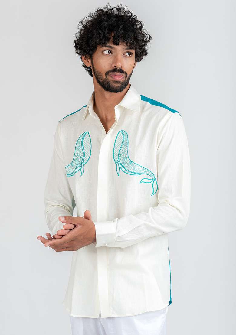 White Multicolour Hand Embroidered Whale Sail Shirt For Men - Indya