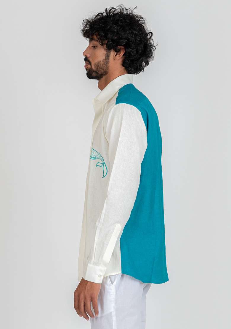 White Multicolour Hand Embroidered Whale Sail Shirt For Men - Indya