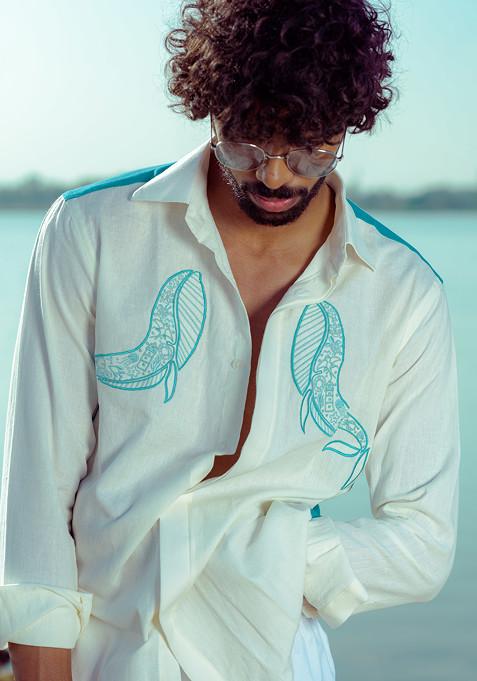 White Multicolour Hand Embroidered Whale Sail Shirt For Men